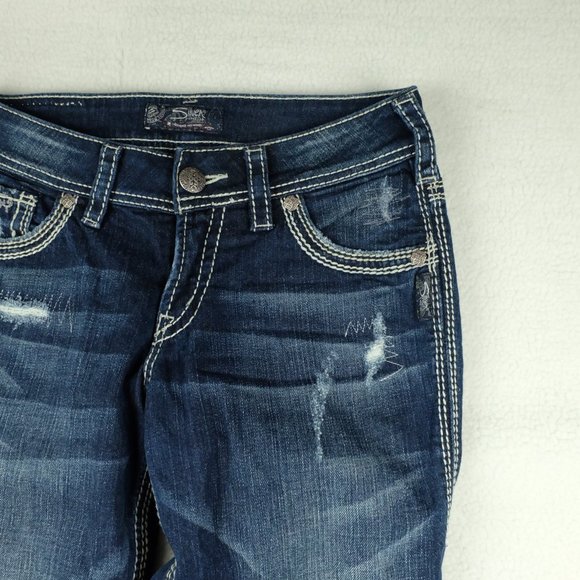 Size 27 Silver Suki Womens Blue Jeans Distressed Bootcut Stone Wash - Picture 2 of 14